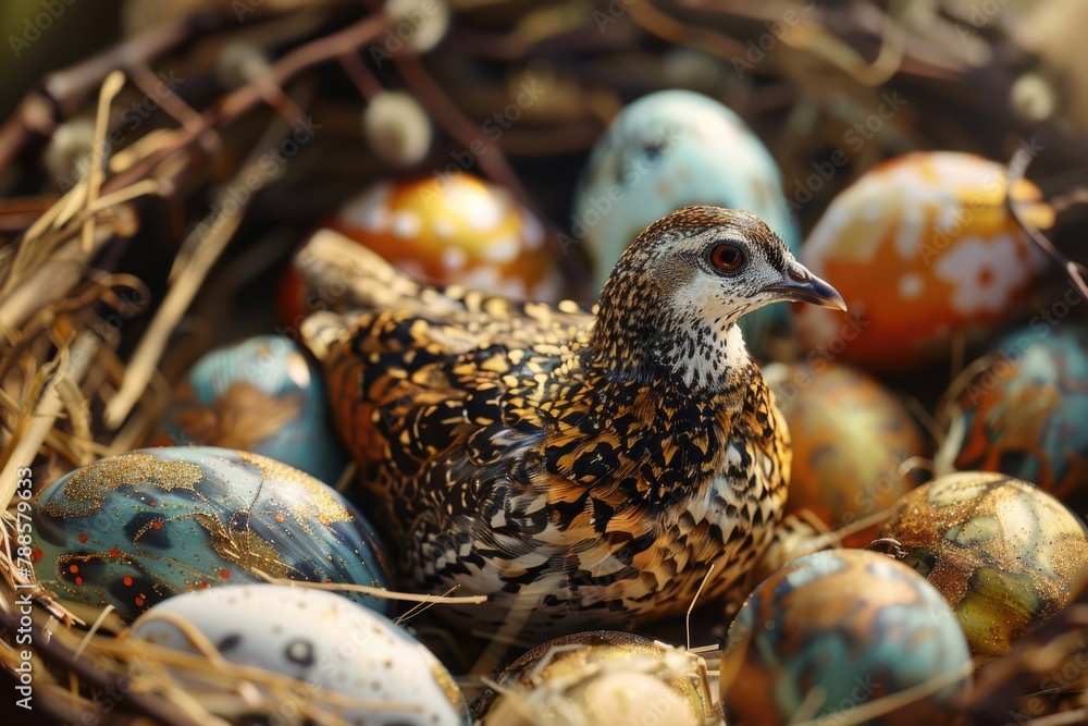 Poster a bird sitting in a nest filled with eggs. suitable for nature and wildlife themes