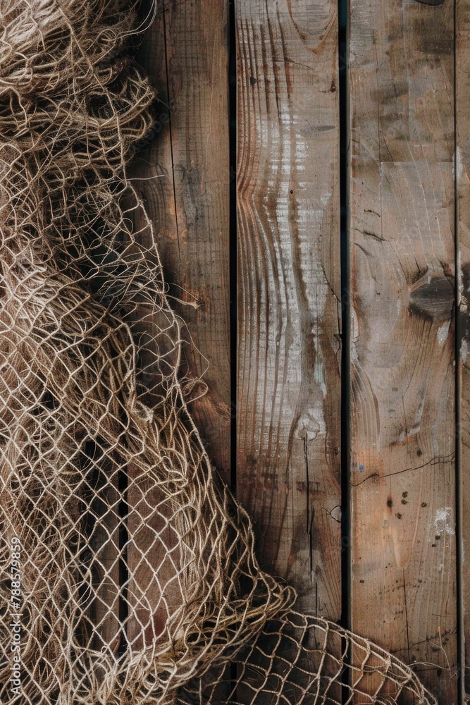 Poster Close up of a net on a wooden surface. Suitable for backgrounds or textures