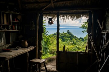 Fototapeta na wymiar Cozy Scenery view from inside hut. Nature landscape view from vacation lodge. Generate ai