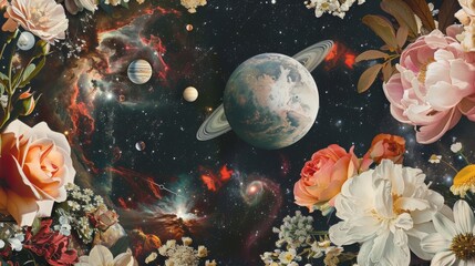 Obraz na płótnie Canvas Surreal Space Garden with Planets and Florals