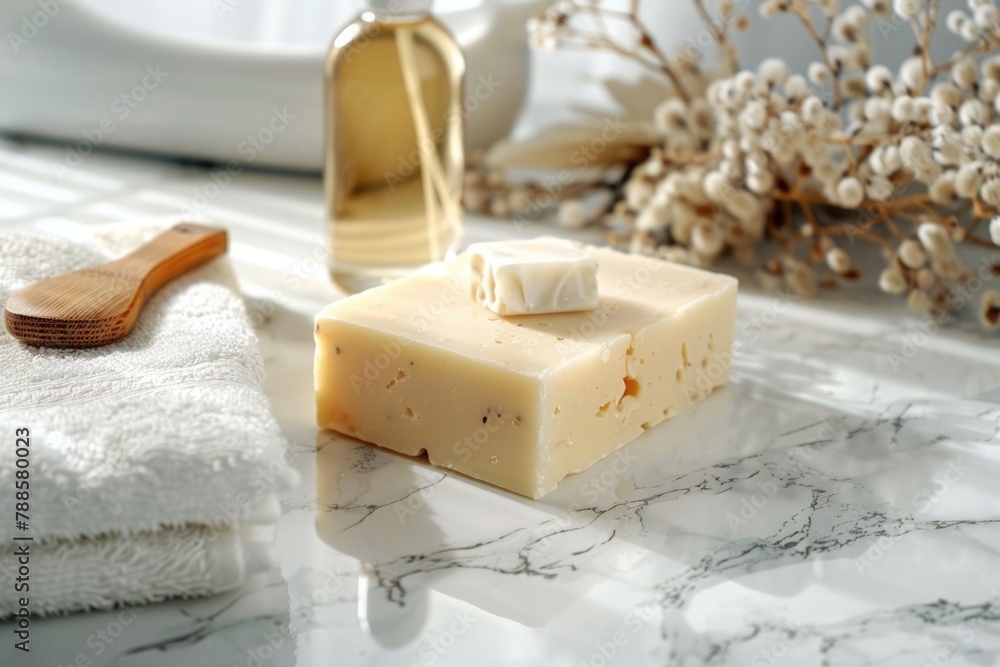 Poster A simple bar of soap on a countertop. Perfect for hygiene and cleanliness concepts