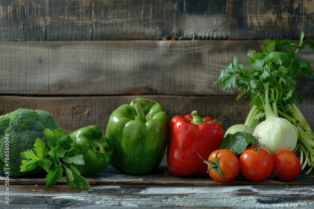 Poster fresh vegetables displayed on rustic wooden table. ideal for food and healthy eating concepts