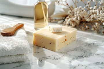 A simple bar of soap on a countertop. Perfect for hygiene and cleanliness concepts