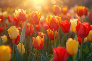 Fotobehang Beautiful field of red and yellow tulips with the sun shining in the background. Perfect for springtime and nature concepts © Fotograf