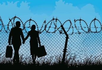 Silhouette of couple holding hands and walking away from border fence with barbed wire. Concept art for illustrating the challenges faced  - Powered by Adobe