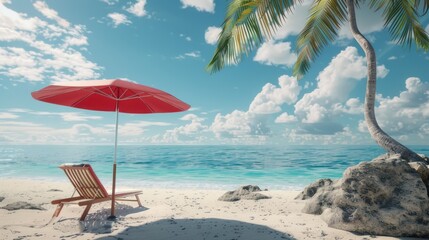 A serene beach scene with a chair and umbrella. Perfect for travel brochures