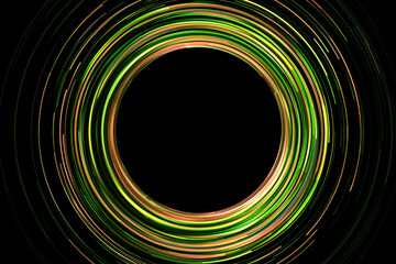 Neon circle lines with empty copy space isolated on black background. Colorful led lights long exposure rotation photo. Eco shiny light glow. Cosmos space planet abstraction. Green vortex spiral.