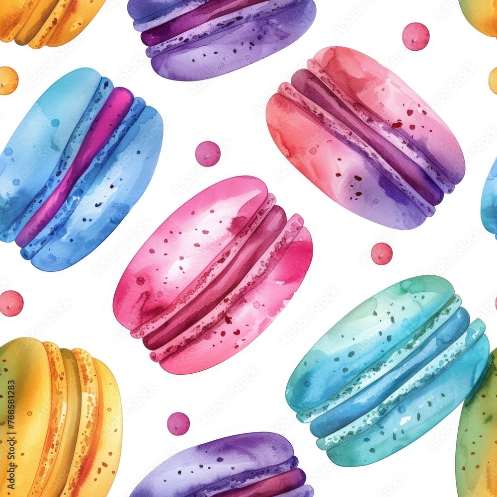 Poster Colorful macarons arranged in a pattern on a clean white background. Perfect for food and dessert concepts