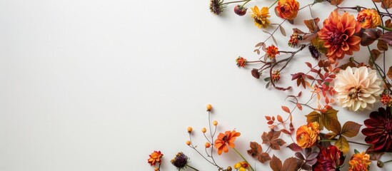 Autumn floral arrangement featuring a wreath of fall blooms and foliage against a white backdrop. Styled overhead with space for text.