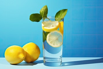 Glass of lemonade with lemon slices and mint leaves on blue background