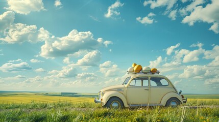 A yellow car with a group of birds resting on top. Suitable for transportation or wildlife themes - Powered by Adobe