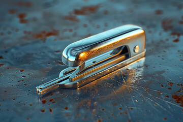Tiny miniature stapler, perfect for securing documents in the office. - obrazy, fototapety, plakaty