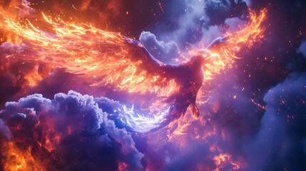 Fototapeta na wymiar background of a burning phoenix bird flying in a sky full of clouds and lightning striking. 3D rendering. Phoenix Lightning fire wallpaper