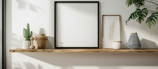 Photo frame and decorative items placed on light wall beside wooden shelves