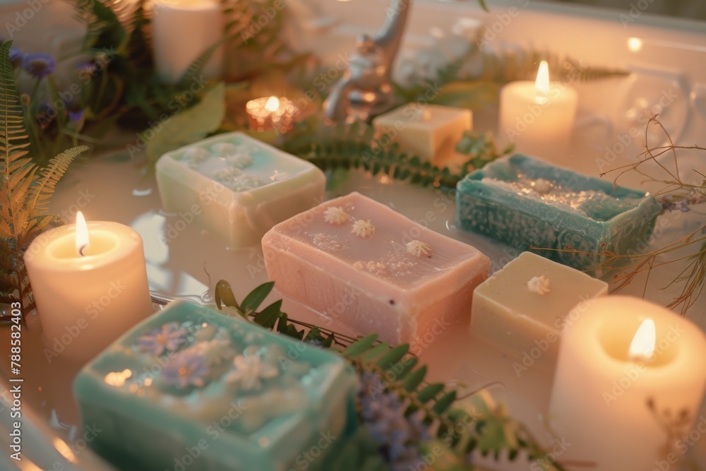 Poster group of soap bars on top of a sink. suitable for hygiene and bathroom concepts