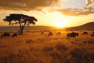 Savanna at sunset, acacia trees, grazing wildlife, expansive grasslands