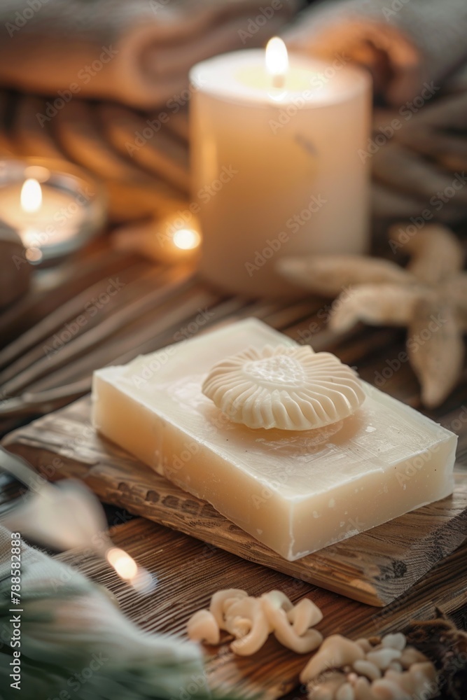 Poster a soap bar resting on a wooden table, suitable for hygiene and spa concepts