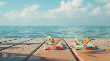 A pair of sandals resting on a wooden dock. Ideal for summer vacation concepts - Powered by Adobe