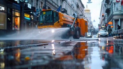 A street cleaner spraying water on the street. Suitable for urban maintenance concept