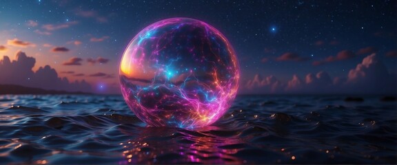 Glowing sphere on seascape background - obrazy, fototapety, plakaty
