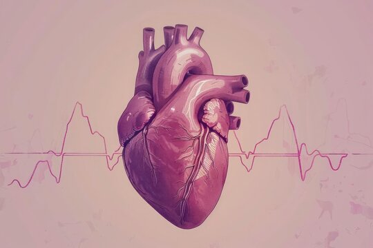 Heartbeat, ECG line, cardiac cycle, anatomical heart illustration, life rhythm