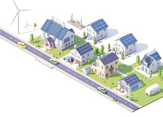 Isometric illustration of energy production and storage, solar panels on buildings with wind turbines in the background, a battery icon at the left side, green cars near houses with blue roofs, white 