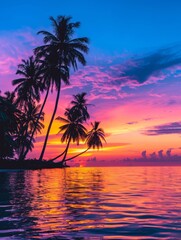 Breathtaking sunset over a tropical paradise, with palm trees framing the stunning sky filled with brilliant hues of orange, pink, and purple, mirrored in the calm waters below.