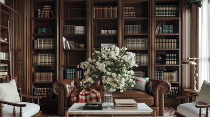a stunning white floral arrangement adorning a modern luxury man cave, accentuated by bright, alongside touches of books and brass for added sophistication. - obrazy, fototapety, plakaty