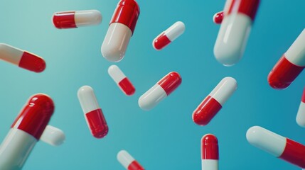 Red and white pills flying in the air, suitable for medical and healthcare concepts