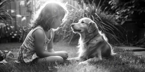 A young girl sitting in the grass with her dog. Perfect for pet lovers and outdoor enthusiasts - obrazy, fototapety, plakaty
