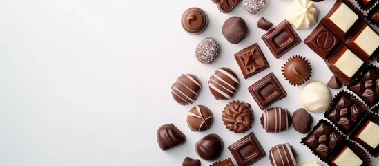 Selection of premium chocolate candies, including white, dark, and milk chocolate, displayed against a sweet backdrop with empty space. View from above.