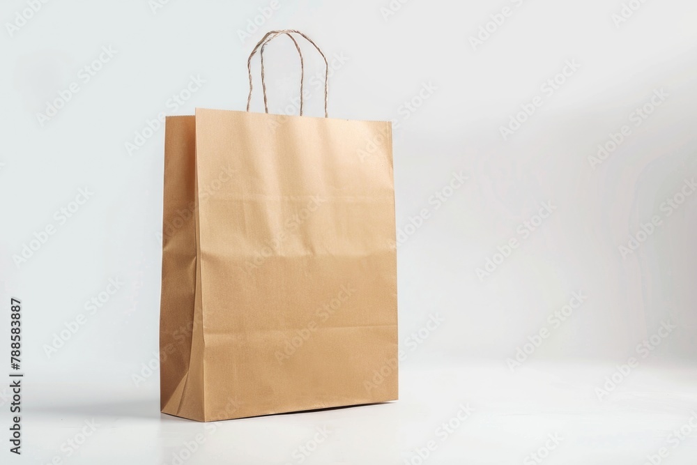 Poster a simple brown paper bag placed on a white surface. suitable for packaging or delivery concepts