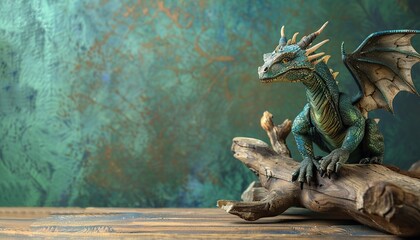 Beautiful strong green real dragon sitting on a log on a green background