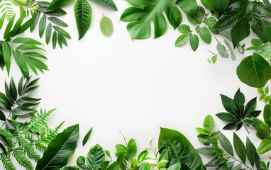 A diverse collection of green leaves from various plants arranged in a frame, highlighting their natural beauty and diverse shapes.