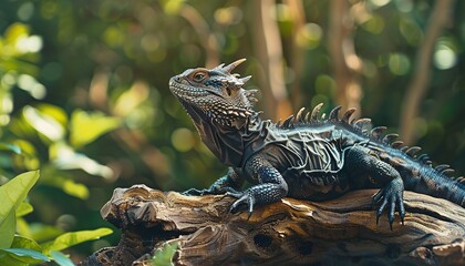 Obraz premium Beautiful strong green real dragon sitting on a log on a green background