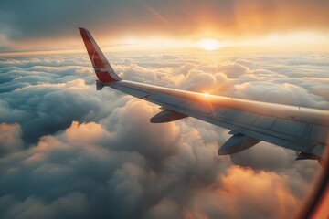 A view of an airplane wing flying above the clouds. Perfect for travel and aviation concepts