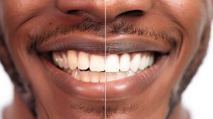 Split image of a man's teeth before and after dental treatment. Discolored and uneven teeth are transformed into a white, even and bright smile. Concept of teeth whitening or installation of veneers