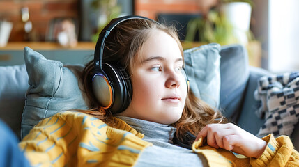 A young girl in a cozy sweater and with large headphones is immersed in music. Teenager enjoying music in a cozy home environment