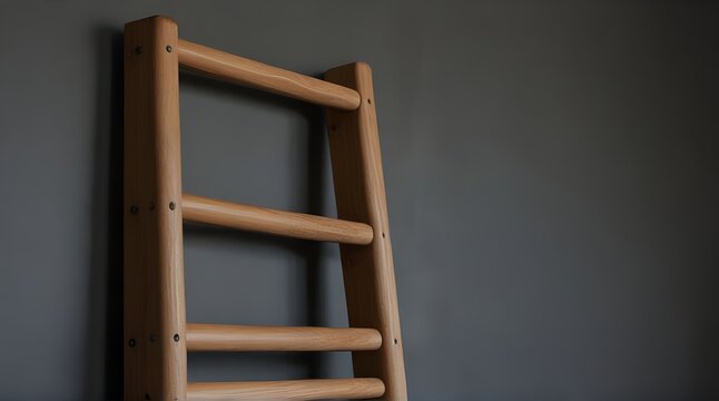 Minimalist Wooden Wall Ladder. Close-up of minimalist wall ladder with wooden rungs secured.generative.ai