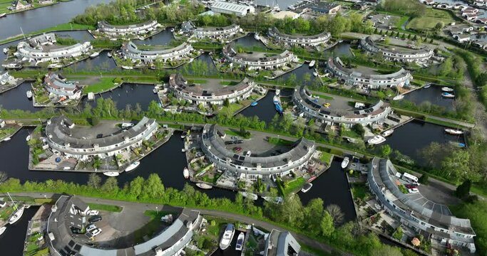 aerial view of a modern residential area in a watery surrounding