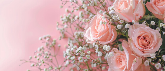A panoramic display of blush roses intermixed with delicate baby's breath on a gradient pink background.