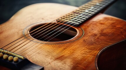 Close up of a guitar on a table, perfect for music related projects