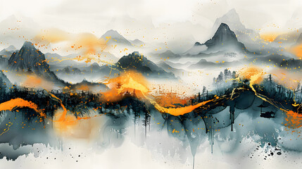 Chinese wind wallpaper, ink wash, new Chinese style, landscape painting, golden brushstrokes....