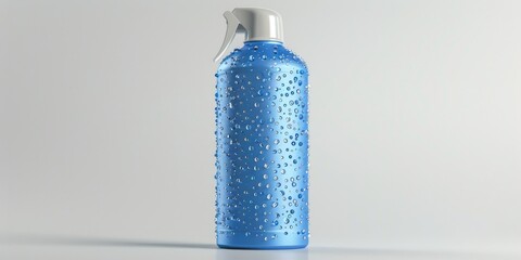 A close-up image of a blue spray bottle with water droplets. Suitable for various household and cleaning concepts