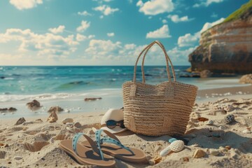 Basket and sandals on a sandy beach, perfect for summer vacation ads