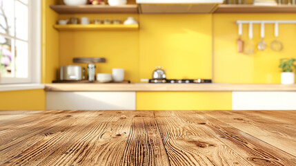 Wooden light empty countertop against the background of modern yellow kitchen, kitchen panel with accessories in the interior. Scene showcase template for promotional items, banner