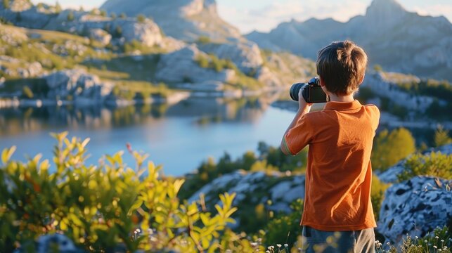 Young boy capturing the beauty of a serene lake. Ideal for travel blogs and nature websites