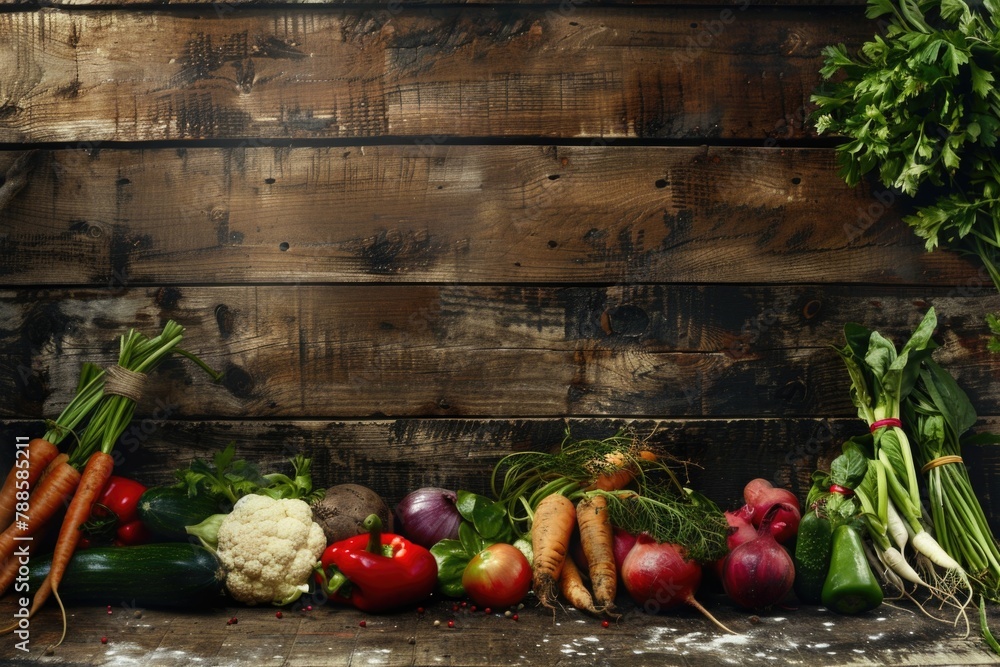 Poster a variety of colorful vegetables displayed on a rustic wooden table. perfect for healthy eating conc