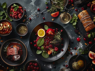Top view of delicious fresh salad with berries, olives and fruits on dark background