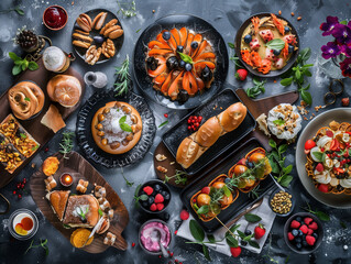 Breakfast with coffee, croissants, fruits and berries on dark background